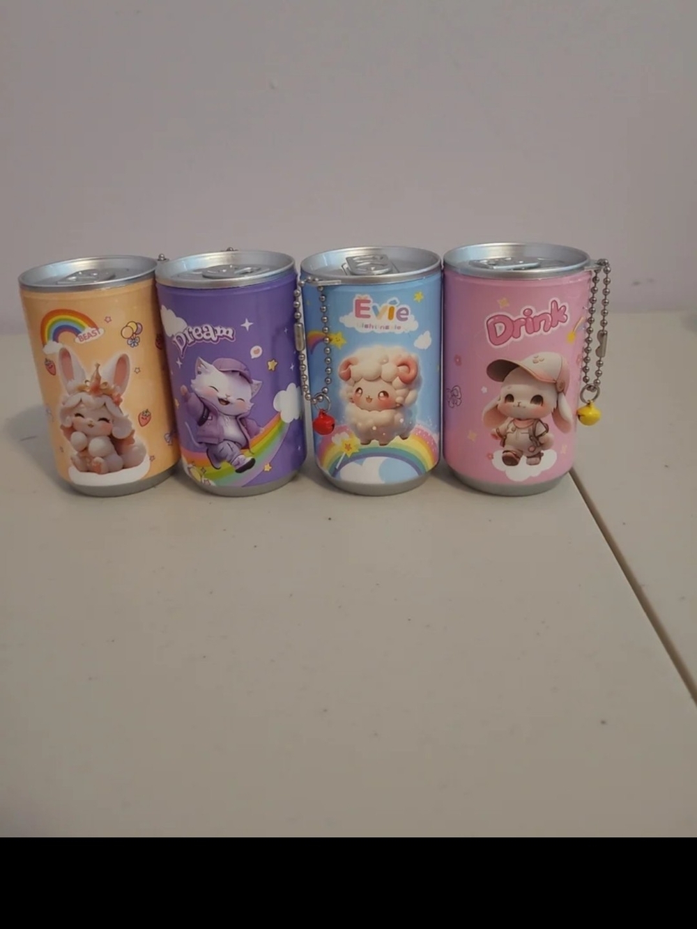 Cute Rainbow Mini Can Wet Wipes Keychain Set - Pink, Purple, Blue, Peach